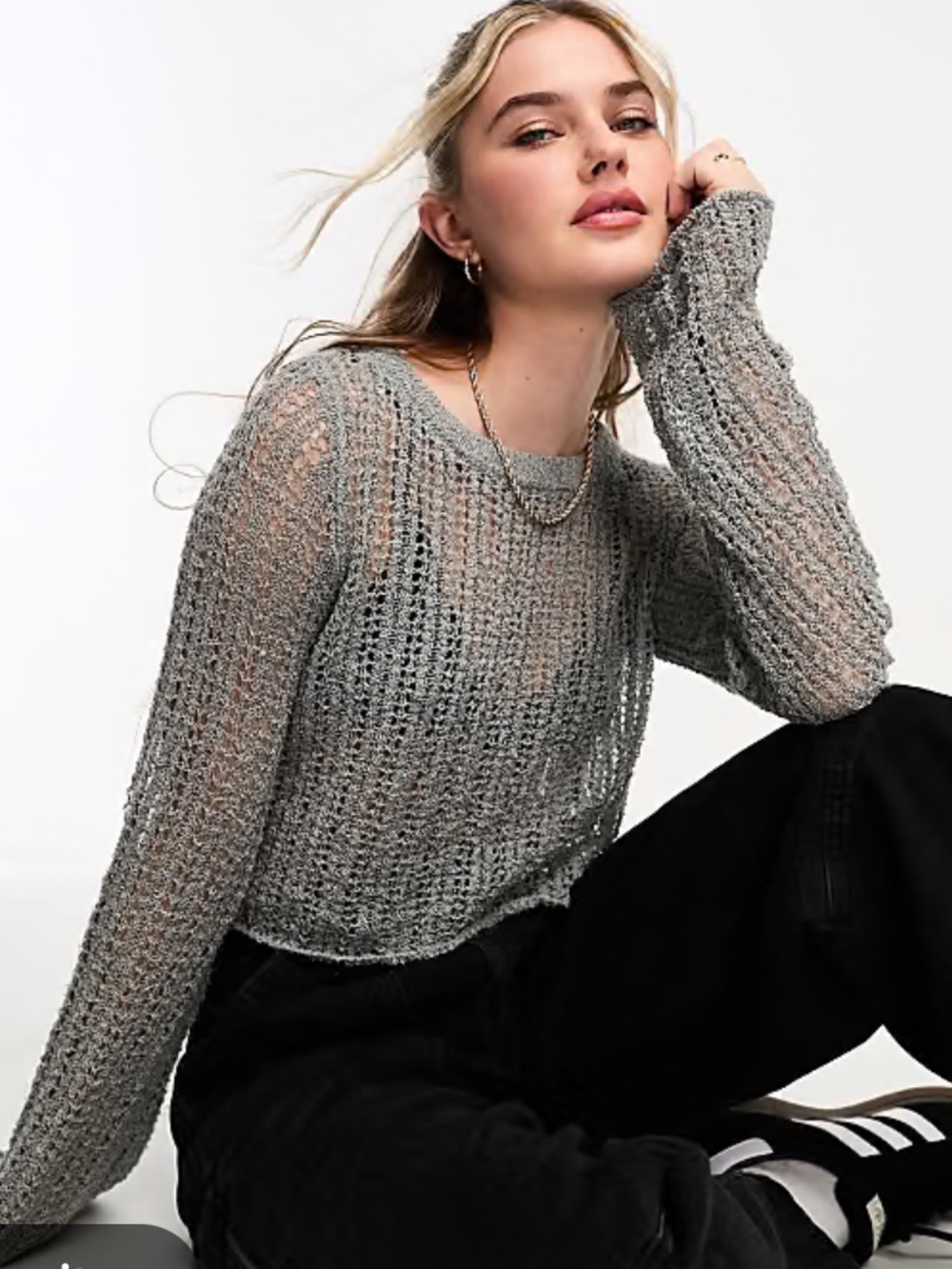 Pull&Bear Light Grey Open-Knit Cropped Crew Sweater